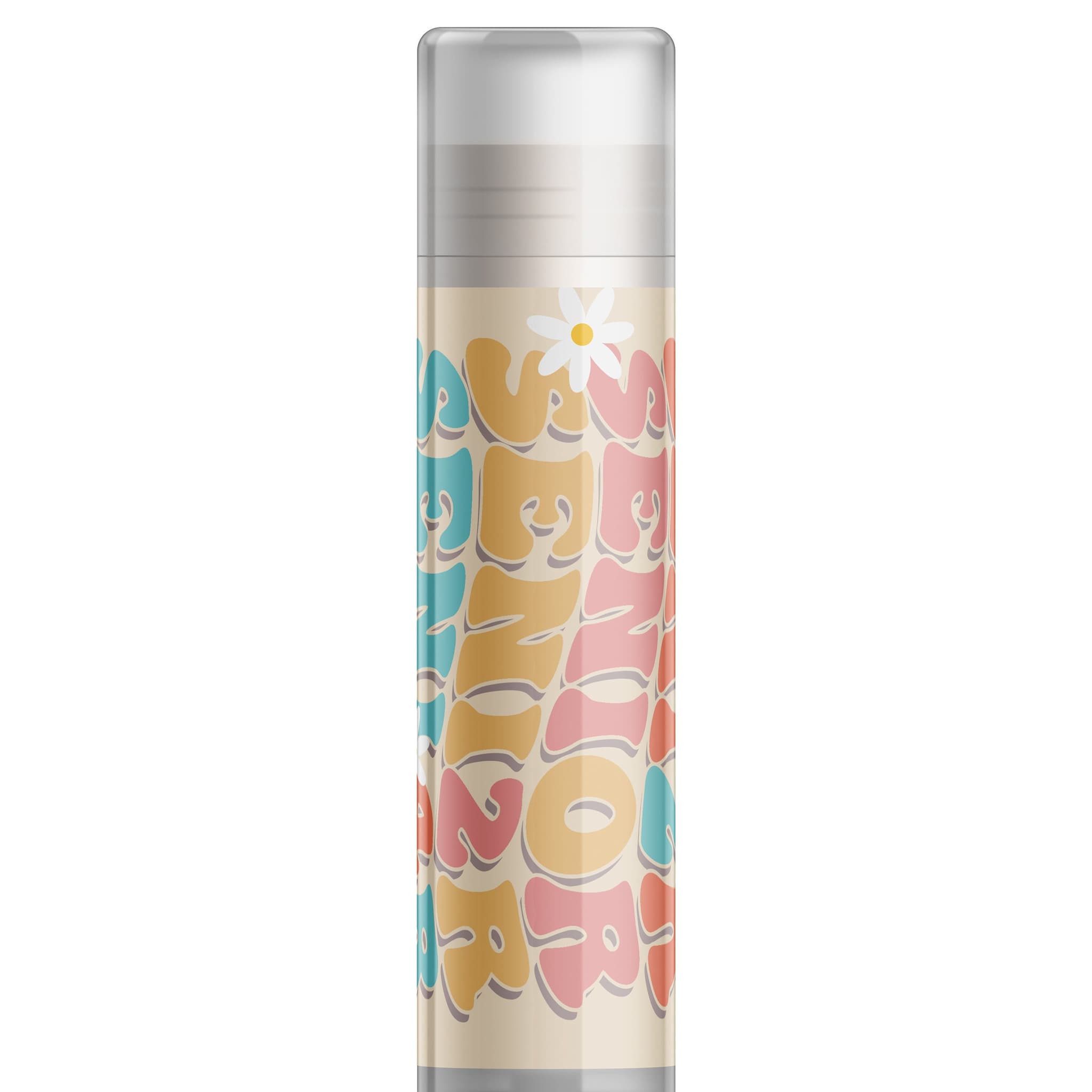 Lip balm tube with colorful text, daisy graphic, and clear cap