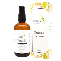 Toner bottle with brown glass, black pump, and white label, Feelia brand