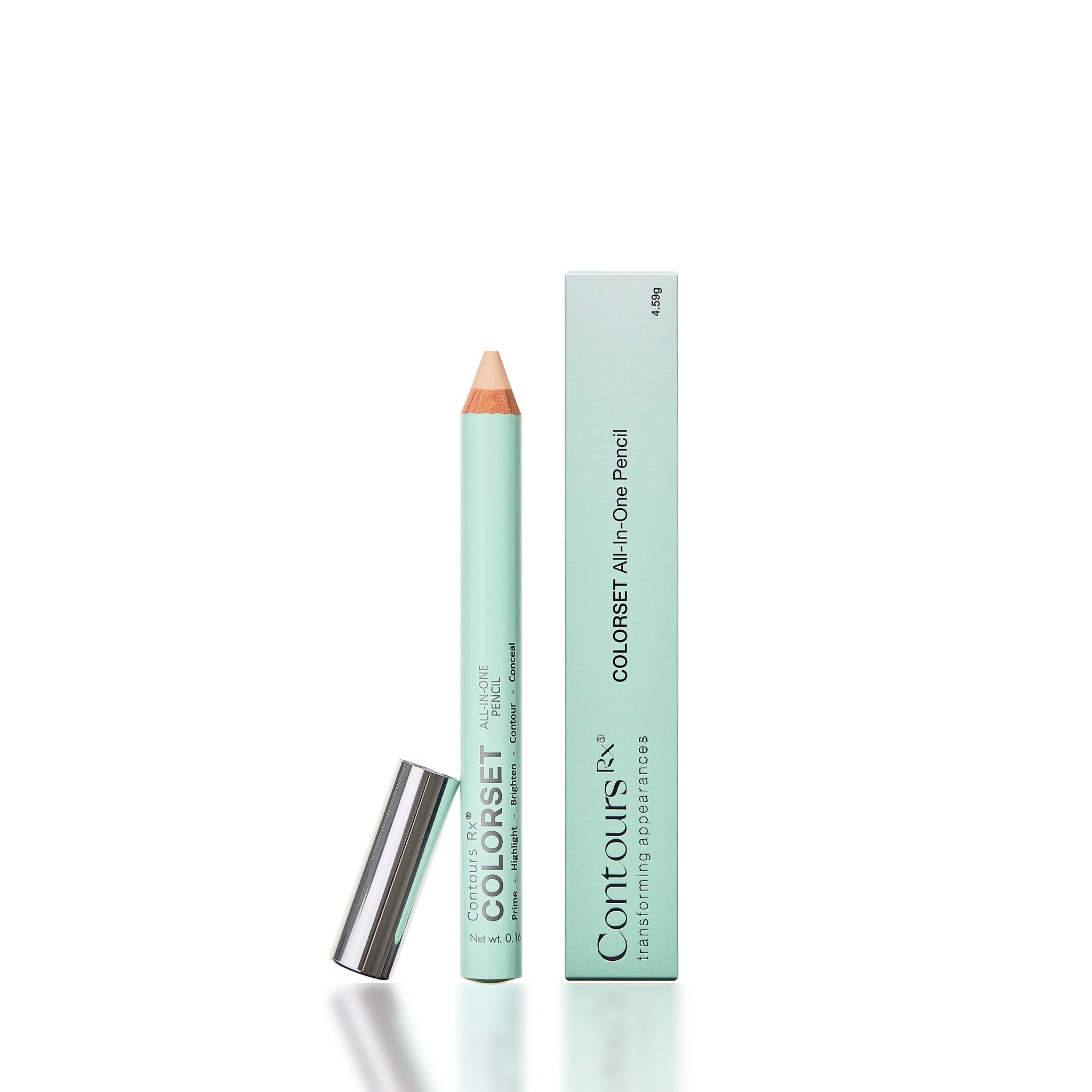 Eye makeup pencil with light green barrel, nude tip, and silver cap, Colorset brand