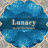 Sparkle Eye Shadow, bright cyan blue with glitter, LUNACY brand name on a blue banner