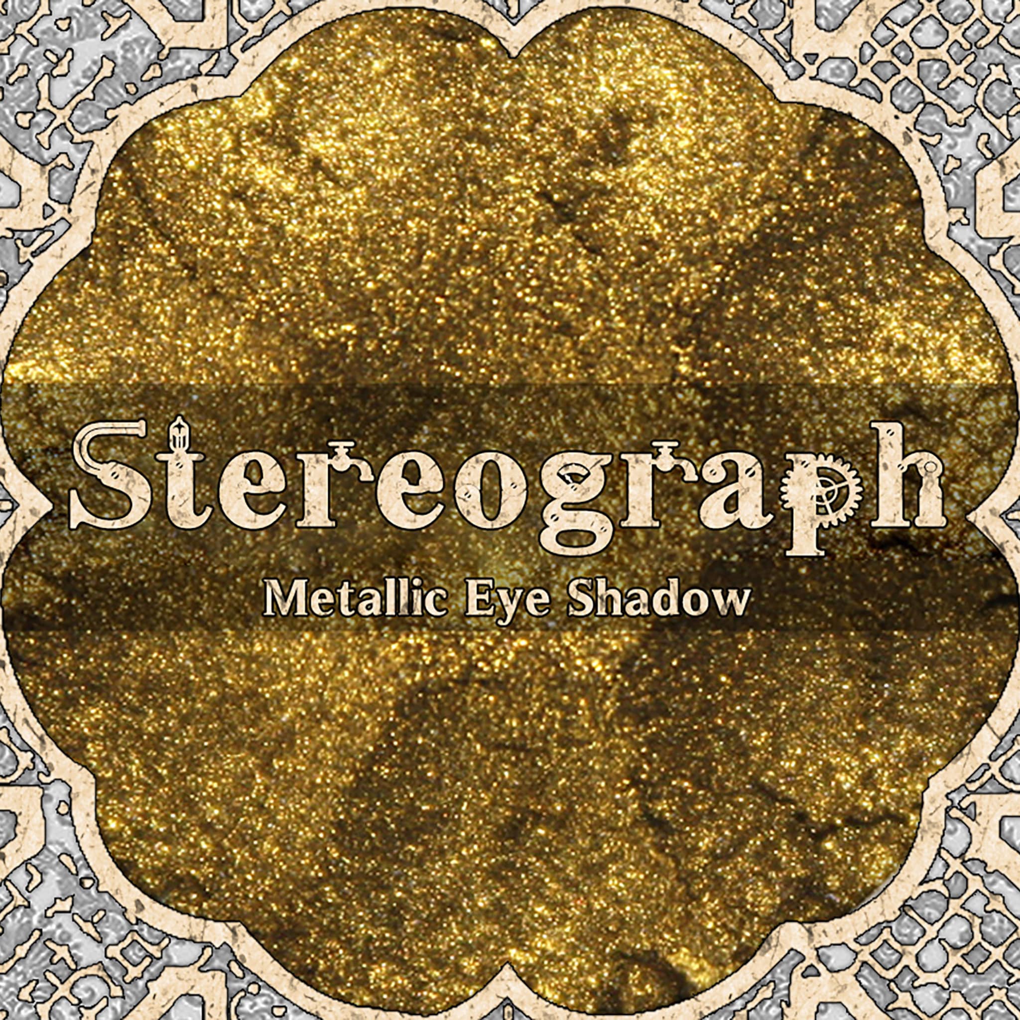 Eye shadow, metallic gold, glittery texture, Stereograph brand name visible