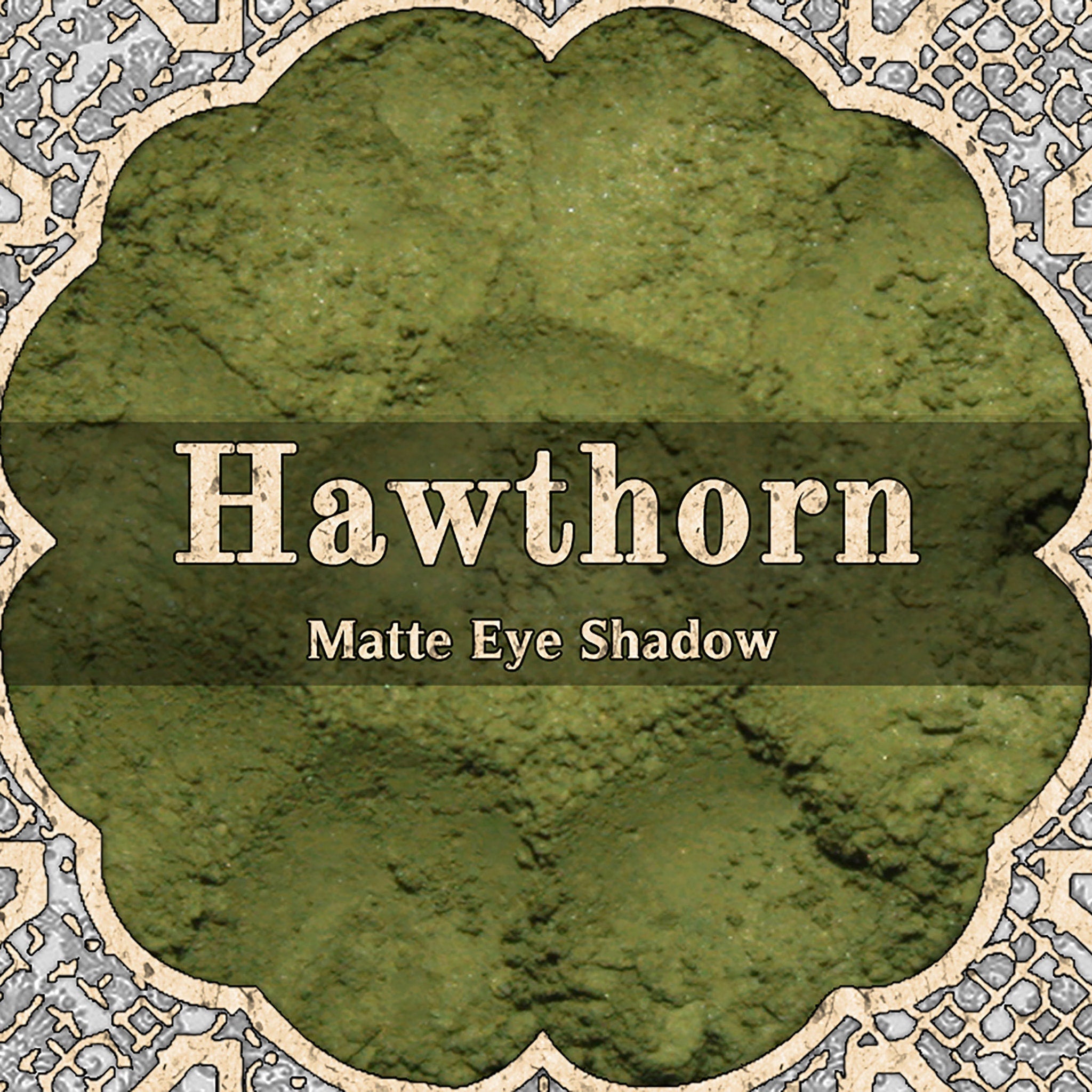 Matte eye shadow, olive green powder, HAWTHORN brand, decorative border design