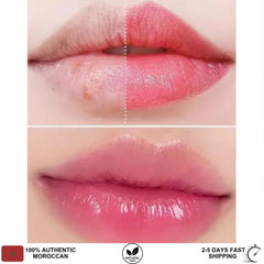 Lip treatment comparison showing pink glossy lips before and after application