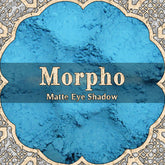 Matte eyeshadow, light cyan blue powder, Morpho brand text, decorative border
