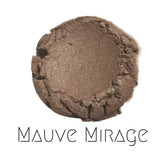 Vegan mauve eyeshadow pan with pink gold duochrome and bronze shimmer, cruelty-free mineral makeup in compact packaging.