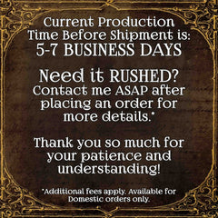Shipping time graphic with brown background, white text, and gold border for order information