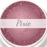 Eyeshadow powder with pink shimmer, "Pixie" text on white banner, in clear container