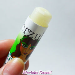 Lip balm tube with green and white design, "erzul" text, and yellow balm visible