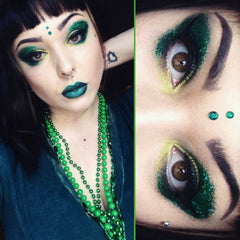 Close-up of vibrant lime green eyeshadow pan with smooth matte texture and subtle shimmer particles