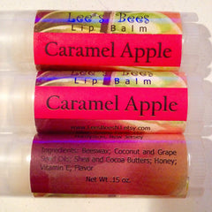 Lip balm tubes with red and patterned labels, "Caramel Apple" flavor, Lee's Bees brand