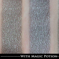 Eyeshadow swatches in gray with shimmer and skin tone background, With Magic Potion text below