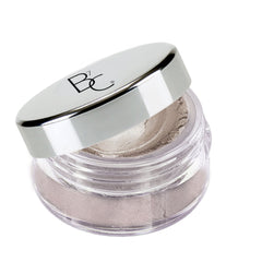 Mineral eyeshadow in light gray powder, clear jar, silver lid with Borne Cosmetics logo