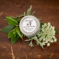 Lip balm tin with silver metal, white label, and green leaves on wood surface, 1818 Farms brand