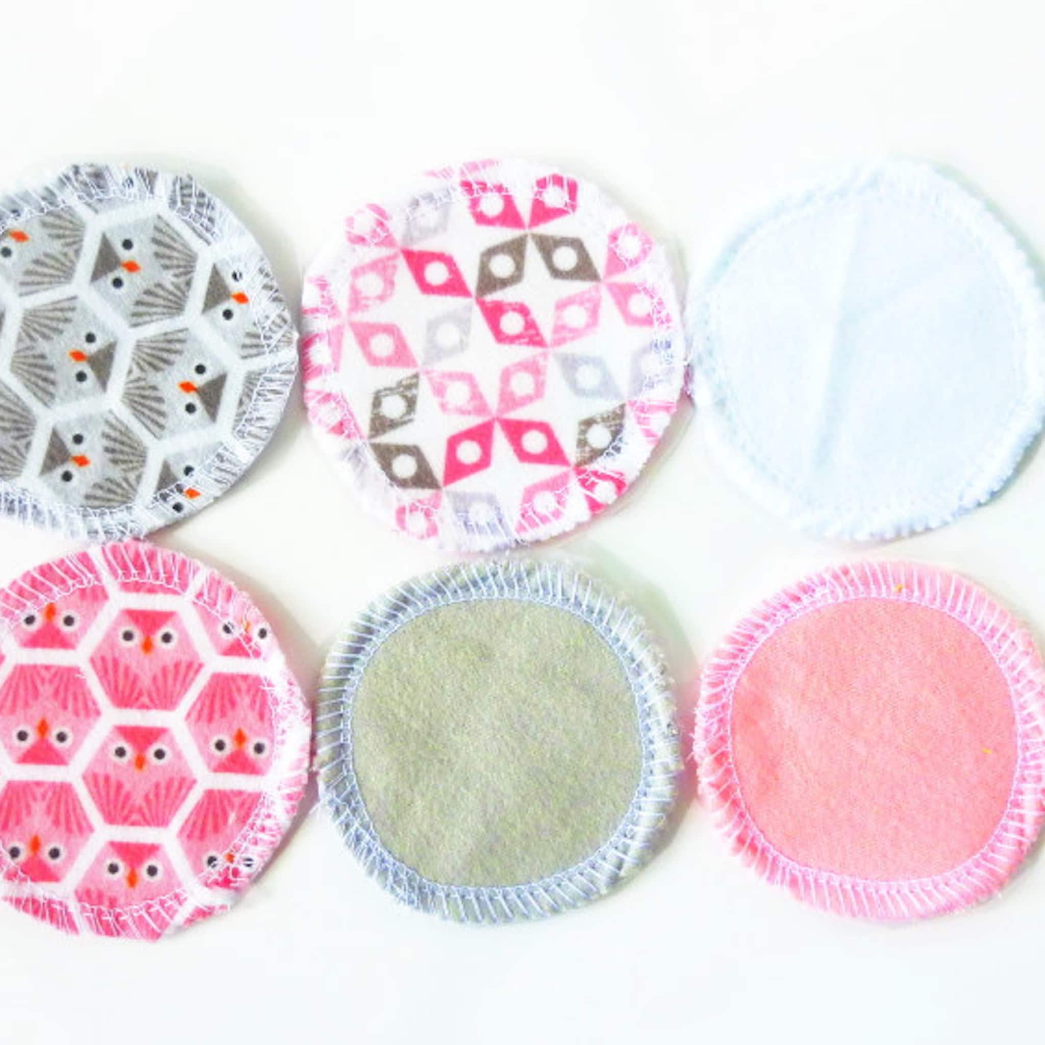 Reusable makeup remover pads with owl and geometric patterns in pink, gray, and white colors