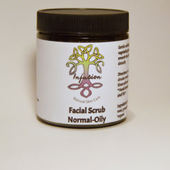 Facial scrub jar with black lid and white label, Infusion Natural Skin Care product