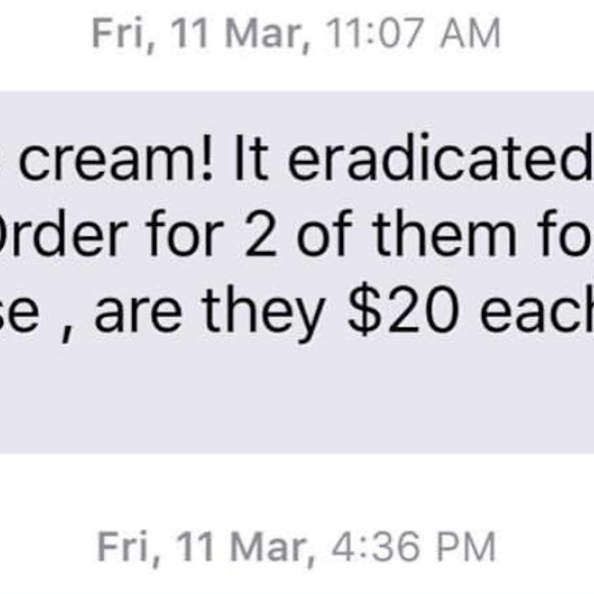 Text message screenshot with white background, black text, and timestamps