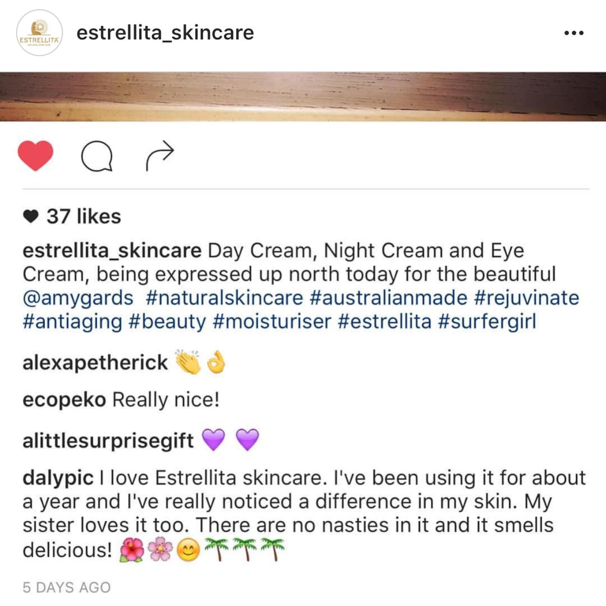 Estrellita Skincare social media post with brown wooden background and white text