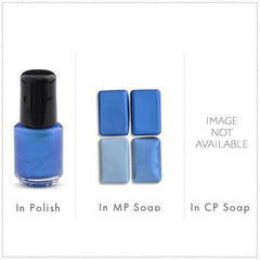 Close-up of vibrant sapphire blue mica pigment powder with shimmering metallic finish in cosmetic jar