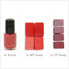 Close-up of shimmering raspberry pink mica powder with metallic red flecks in cosmetic jar