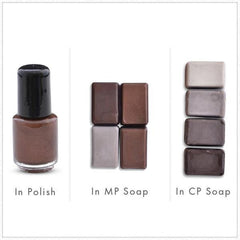 Close-up of rich dark brown mica powder with shimmering metallic finish in cosmetic jar