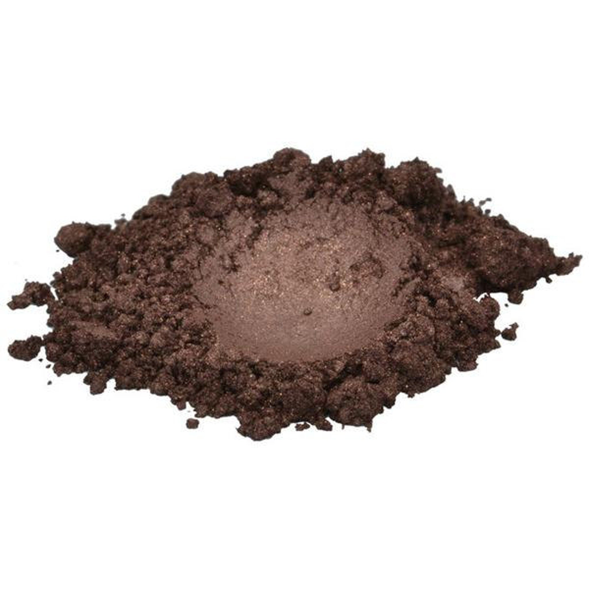 Close-up of rich dark brown mica powder with shimmering flecks in a cosmetic jar