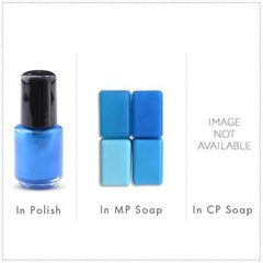 Nail polish bottle with blue liquid and black cap, and four blue soap bars