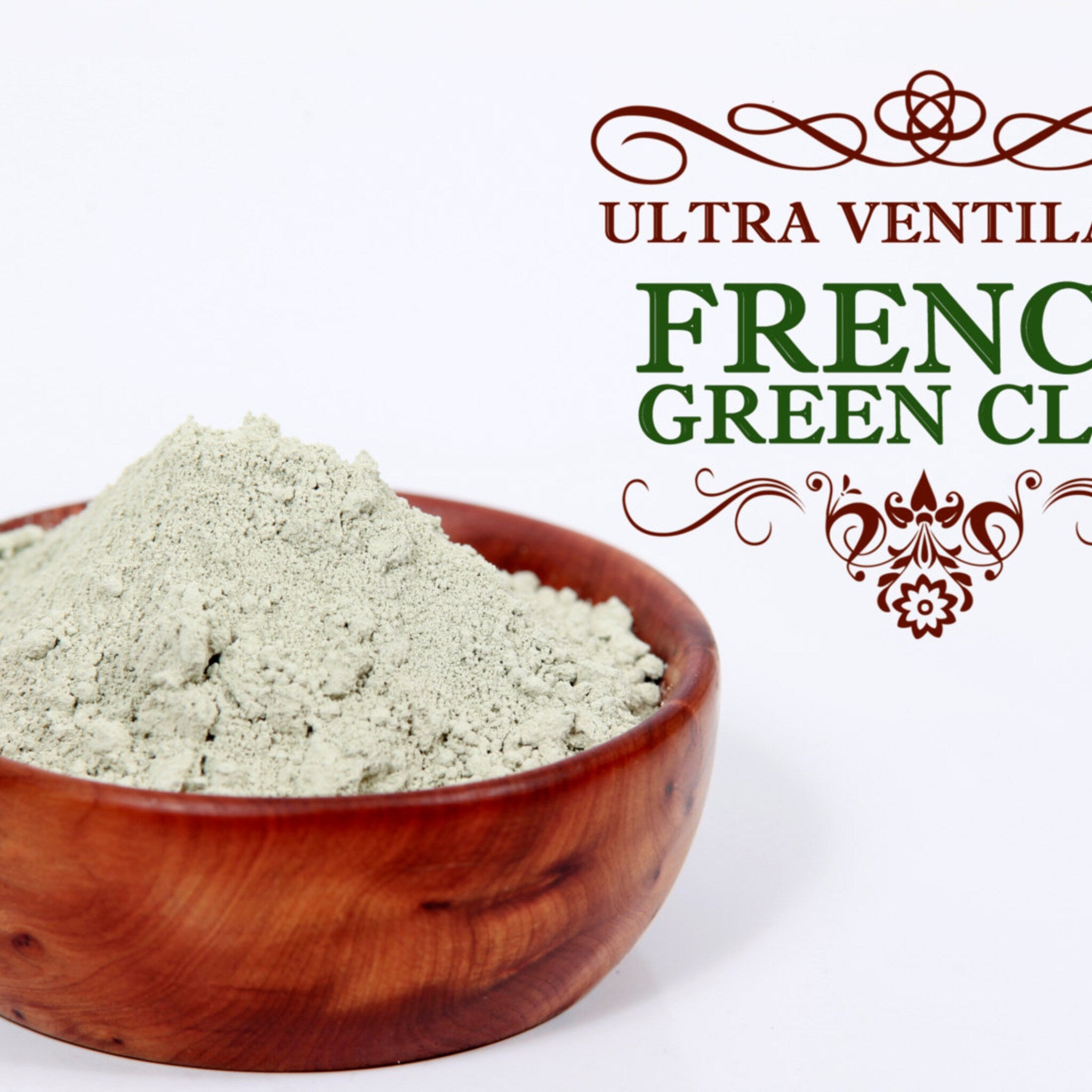 French Green Clay powder in a wooden bowl, light green powder, brown bowl, white background