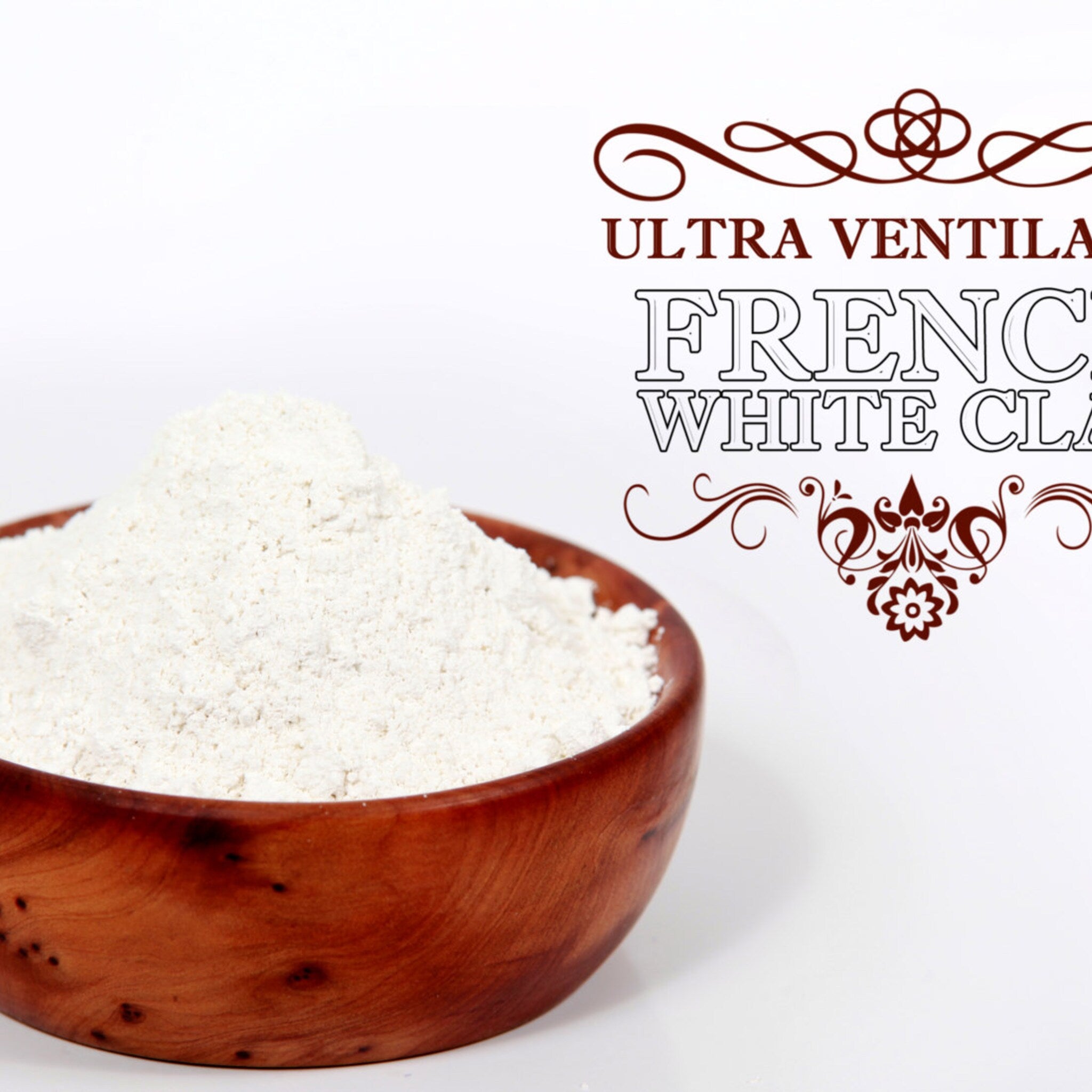 White powder in a wooden bowl, with "FRENCH WHITE CLAY" text visible.
