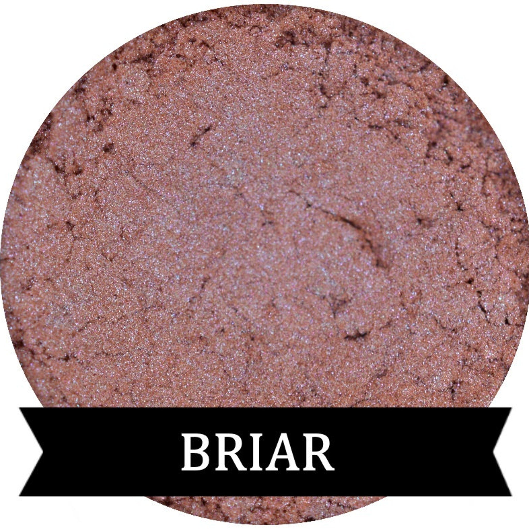 Mineral eyeshadow salmon color with blue duochrome, BRIAR brand name on black banner