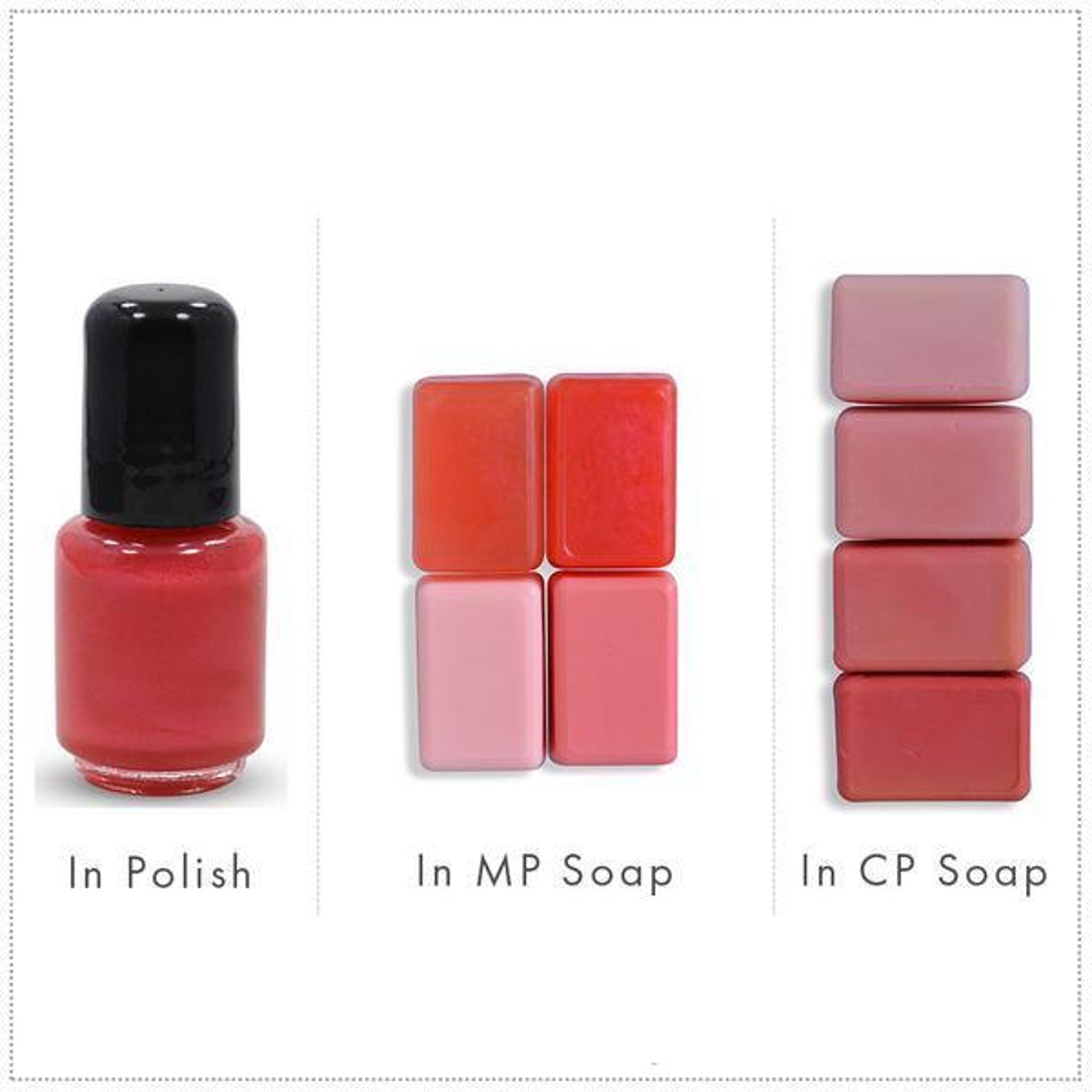 Red nail polish bottle with black cap, and various red and pink soap bars