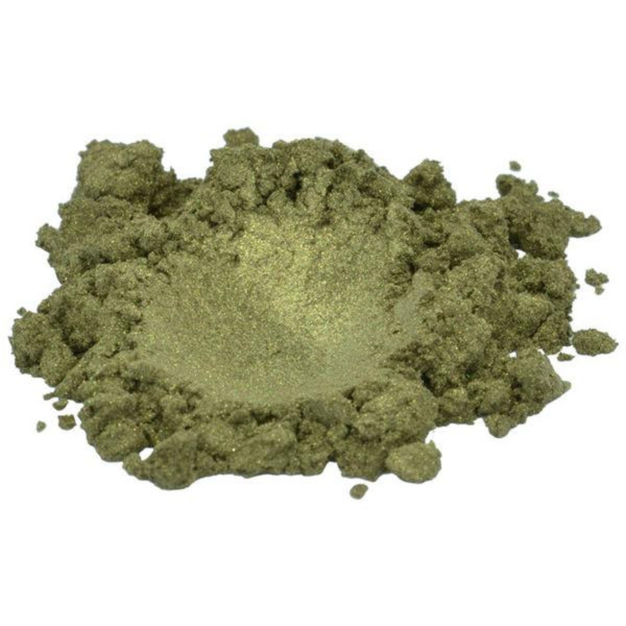 Verdigris gold-green mica pigment powder spilled on marble surface, showcasing shimmering texture and rich color depth.