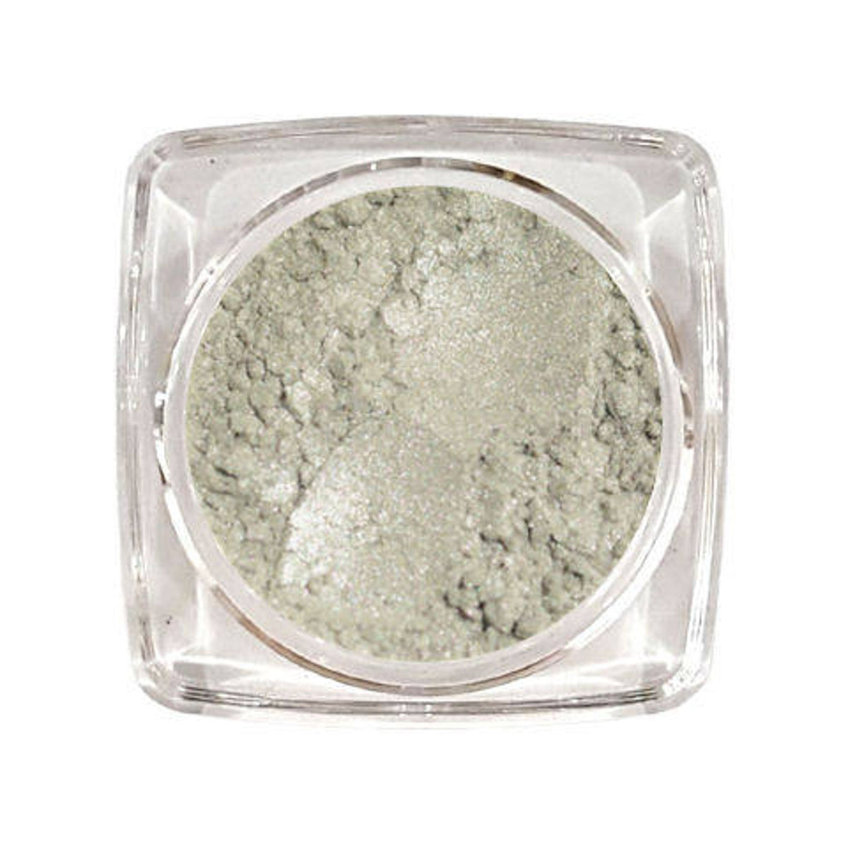 Silver sand eyeshadow in a round glass jar with black screw-top lid and subtle metallic sheen