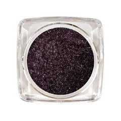 Small round eyeshadow jar with matte black lid and silver label, showcasing a deep plum powder shadow inside.