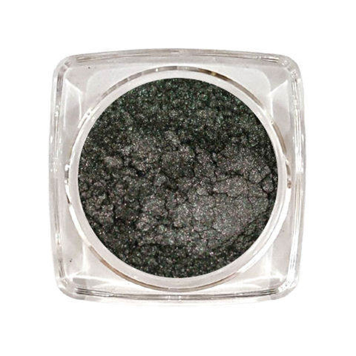 Black Pearl eyeshadow in a round glass jar with silver lid, showcasing deep shimmering black pigment.