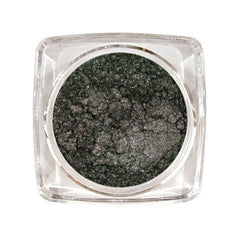 Black Pearl eyeshadow in a round glass jar with silver lid, showcasing deep shimmering black pigment.