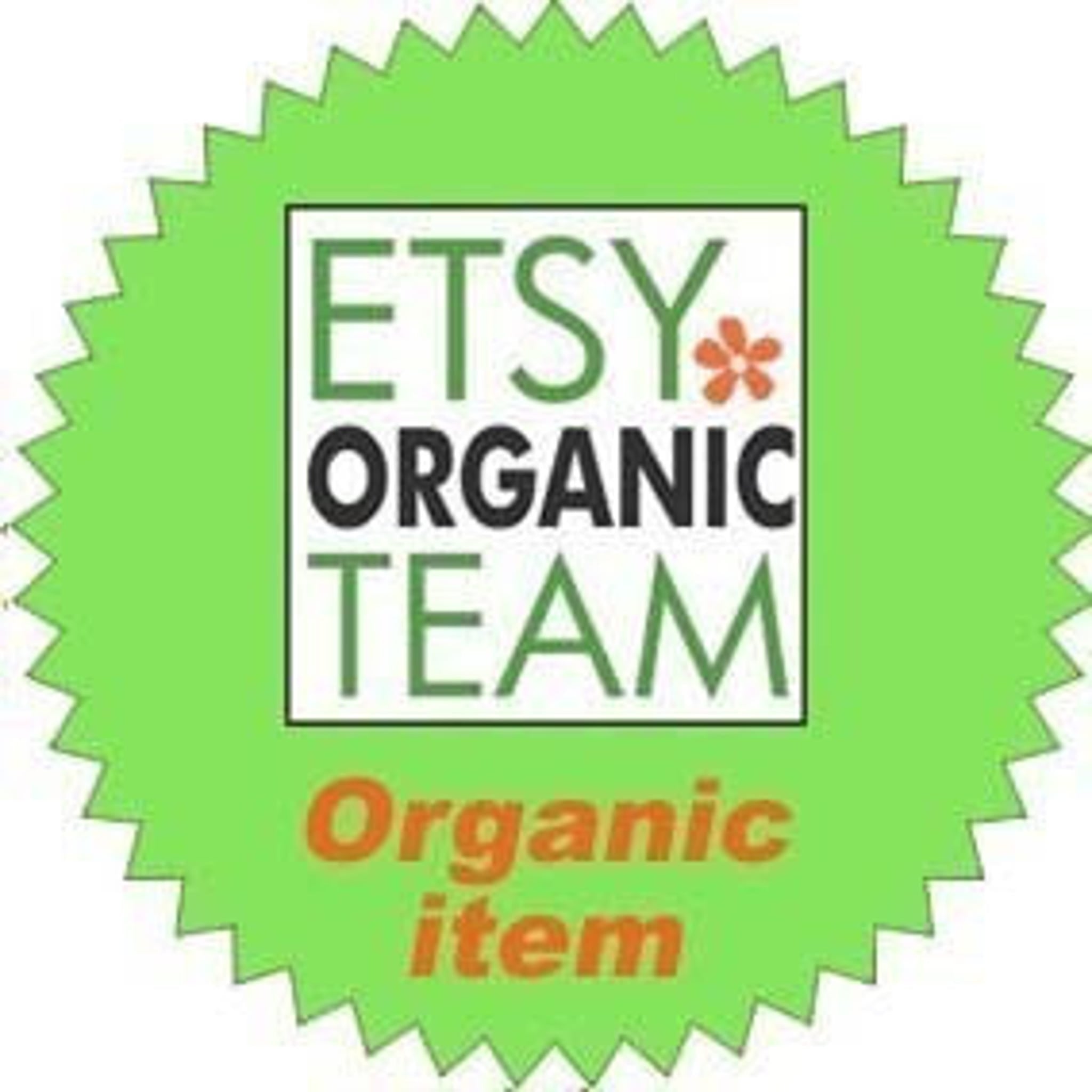 Etsy Organic Team badge with green, white, and orange text on a green starburst shape.