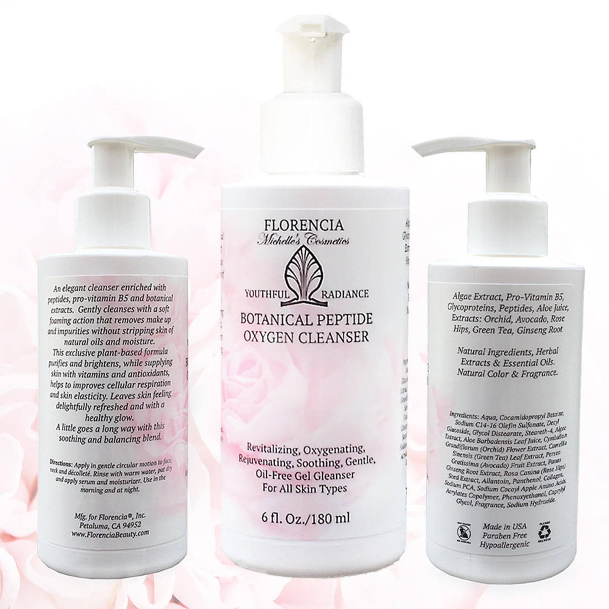 Botanical peptide oxygen cleanser, white plastic bottle with pump, Florencia brand, for skincare use