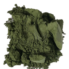 Side view of olive gray matte mineral eyeshadow in compact with vegan and organic labeling