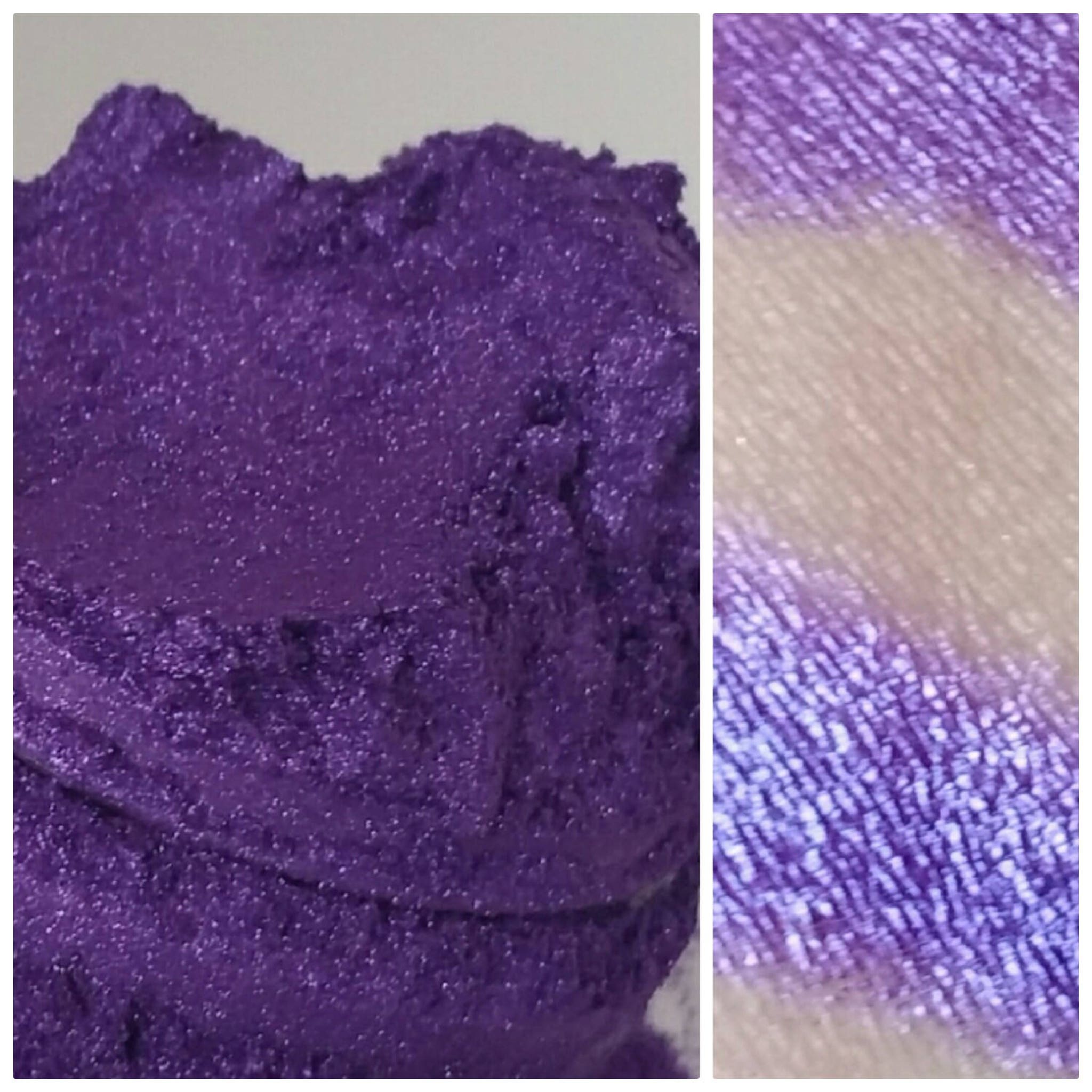 Violet purple shimmer eyeshadow pot with smokey glitter finish, vegan and natural formula, displayed open
