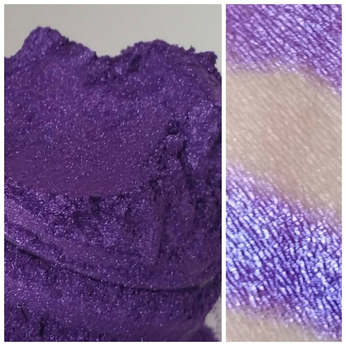 Violet purple shimmer eyeshadow pot with smokey glitter finish, vegan and natural formula, displayed open