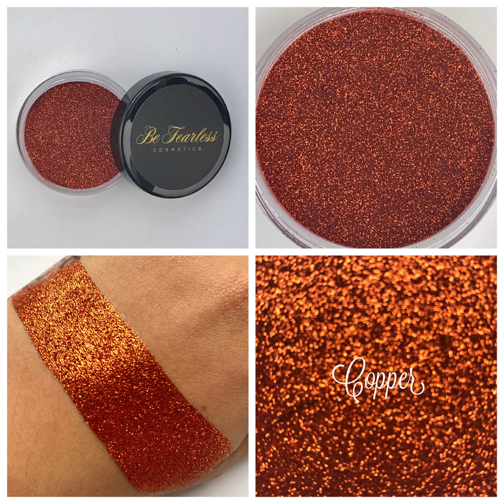 Close-up of copper loose glitter eyeshadow in a small sifter jar with metallic sheen and fine sparkle particles