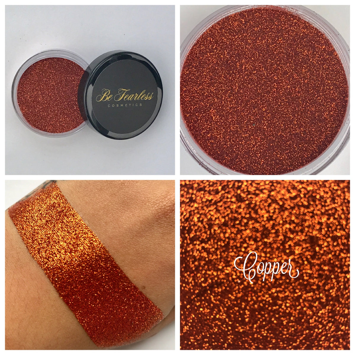 Close-up of copper loose glitter eyeshadow in a small sifter jar with metallic sheen and fine sparkle particles