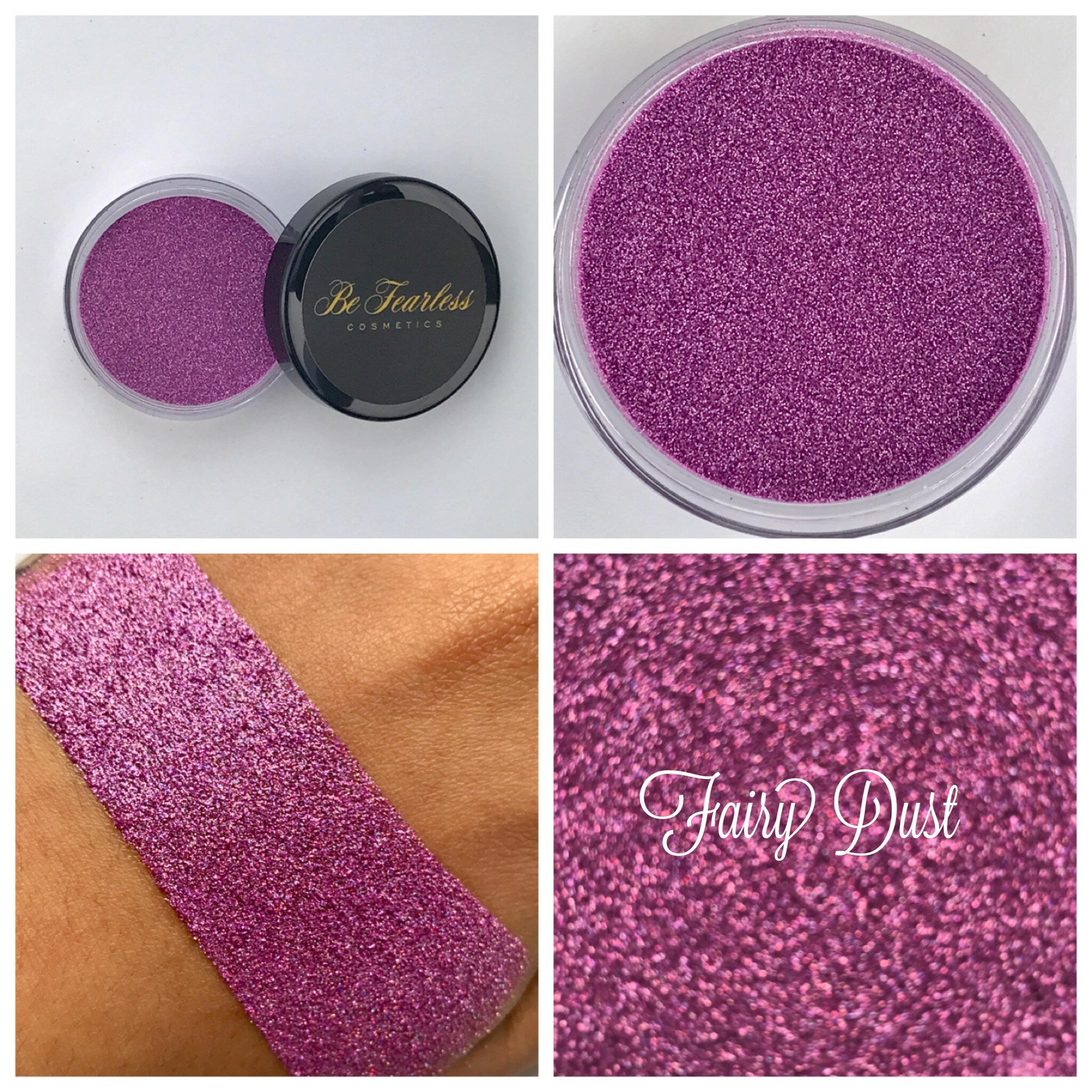 Close-up of Fairy Dust loose glitter in a small round jar with iridescent pink and silver sparkles
