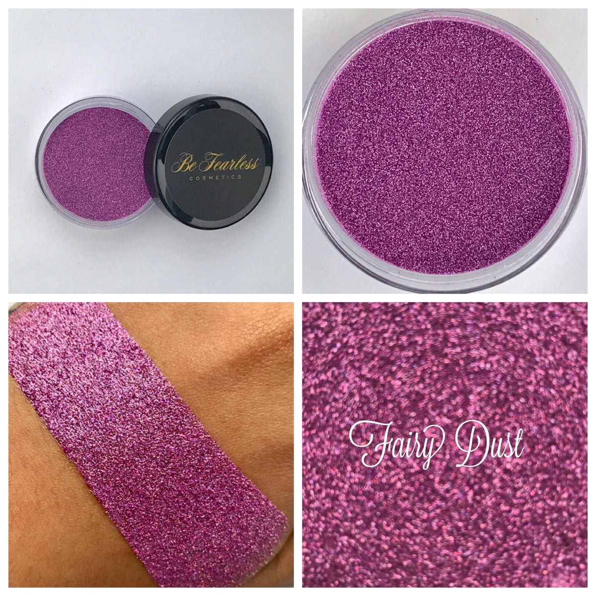 Close-up of Fairy Dust loose glitter in a small round jar with iridescent pink and silver sparkles