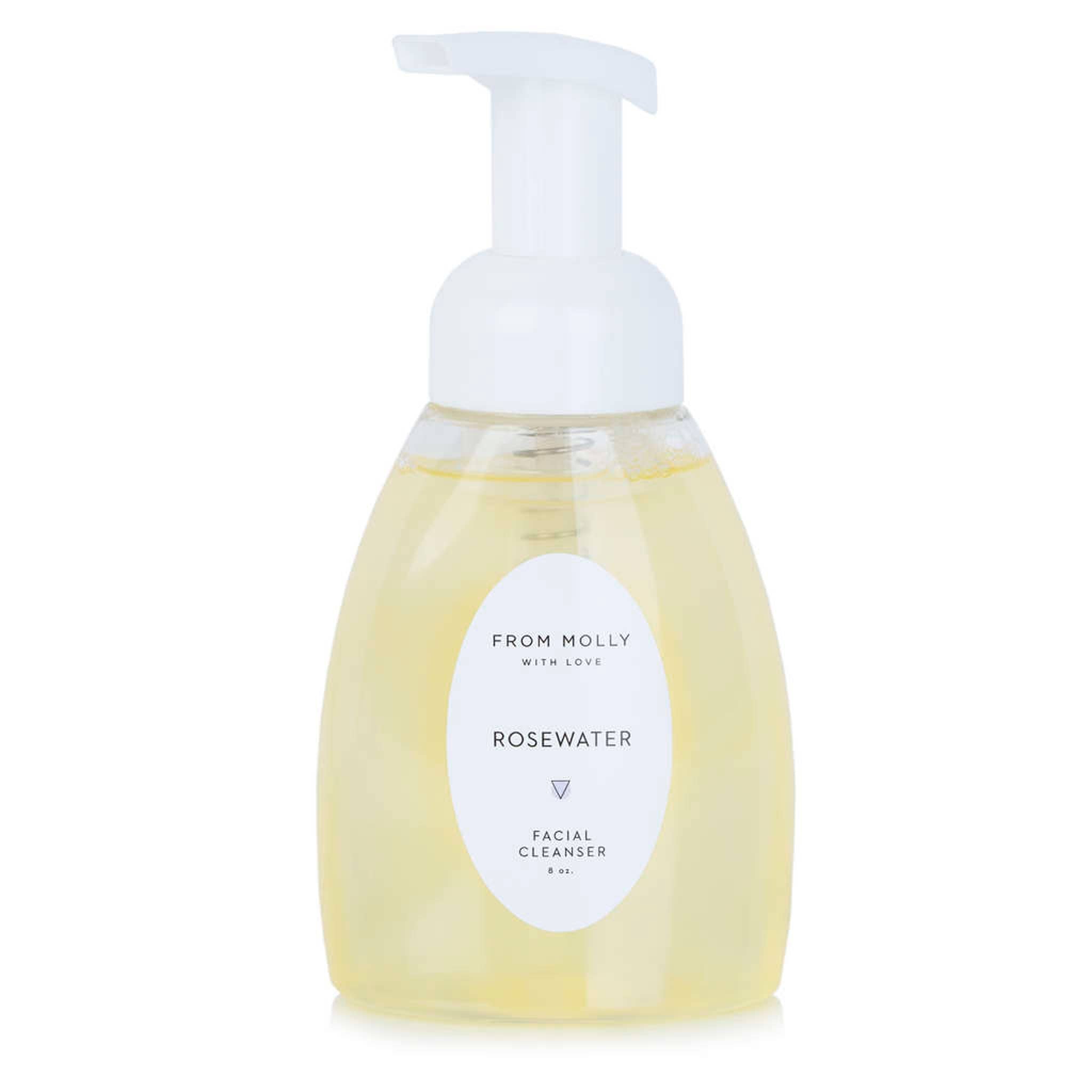 Facial cleanser bottle with white pump, clear liquid, and white label with "From Molly With Love" text