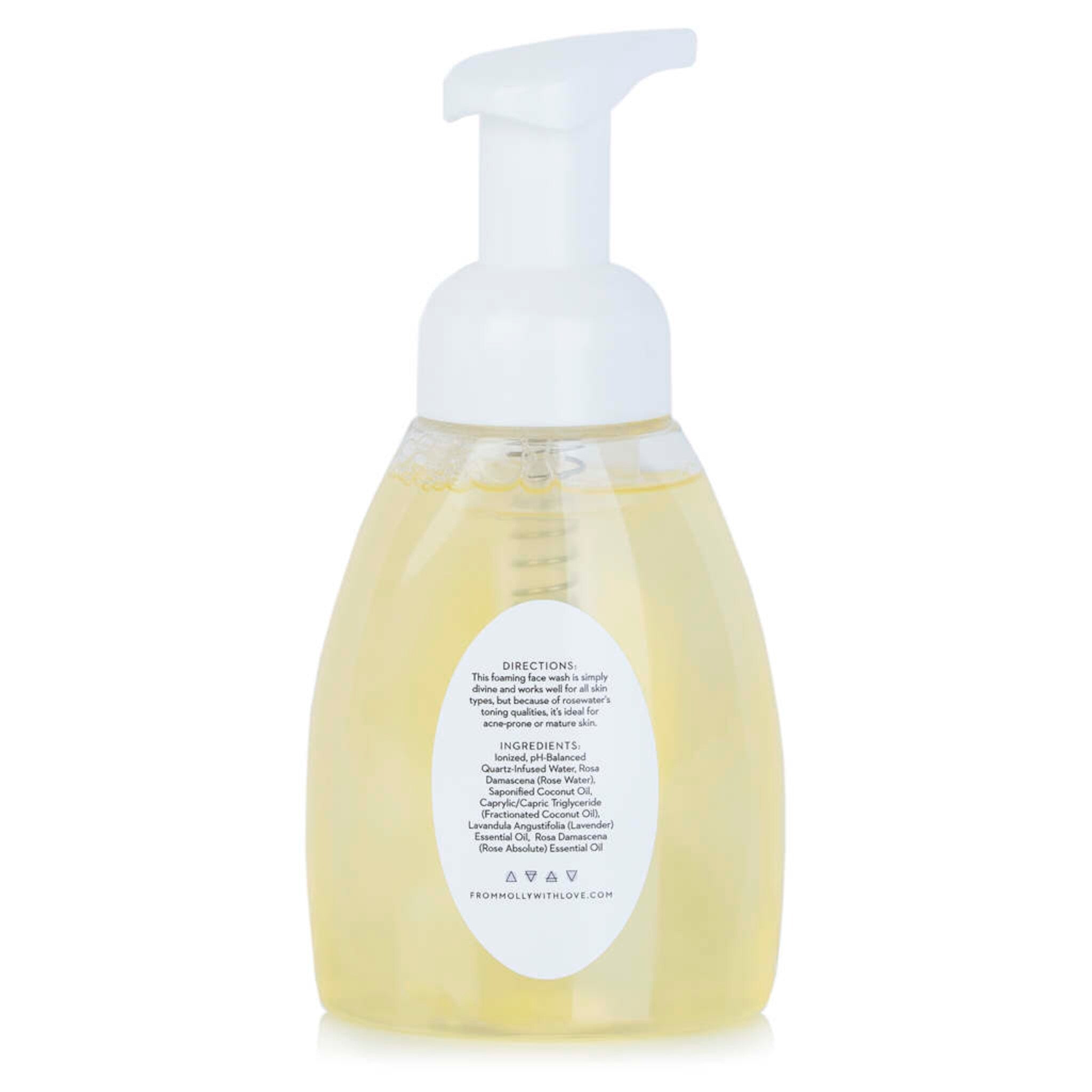Foaming face wash bottle, clear liquid, white pump, with text frommollywithlove
