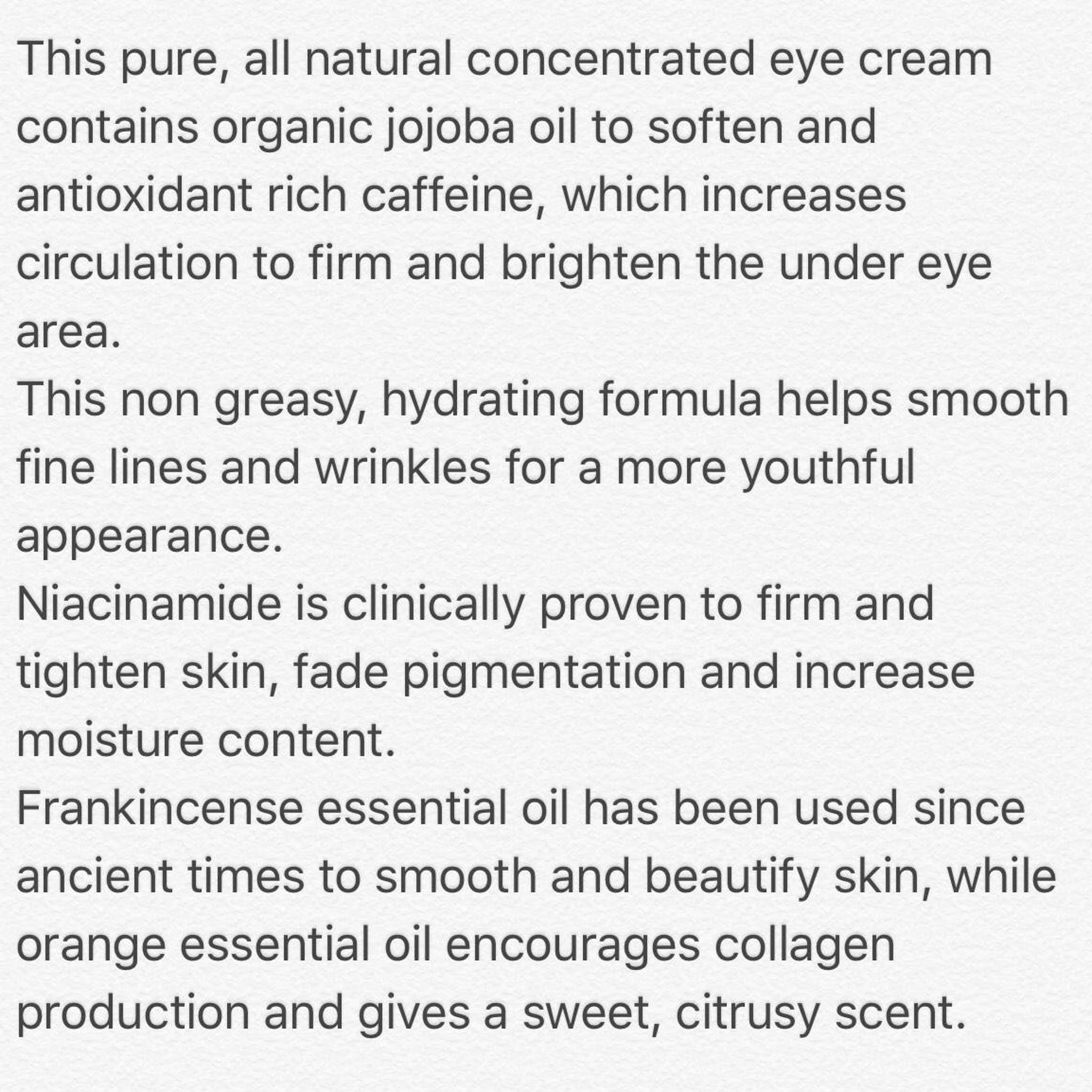 Eye cream text on white background, black font, describing ingredients and benefits