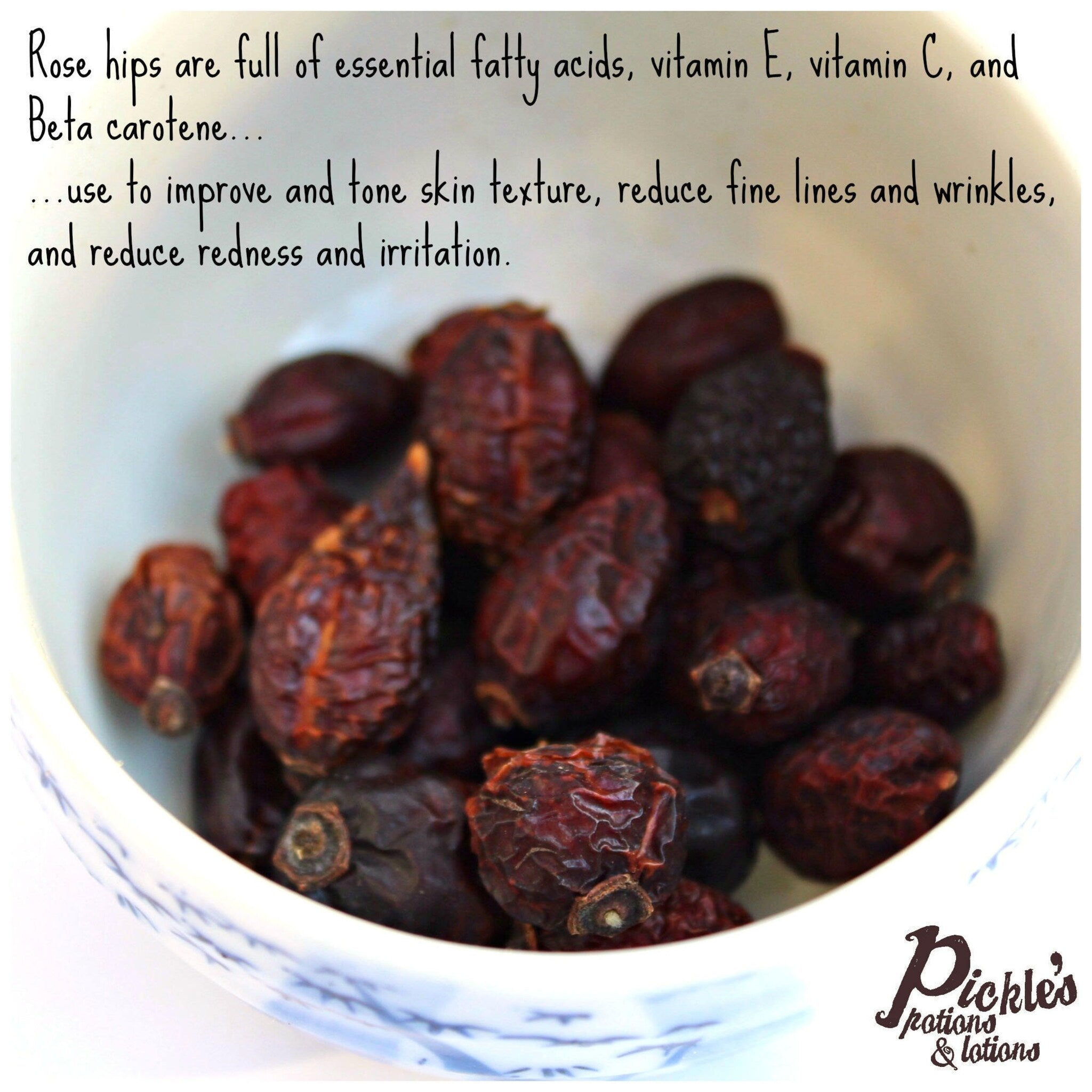 Rose hips, dark red dried fruit in white bowl, Pickle's potions & lotions logo visible