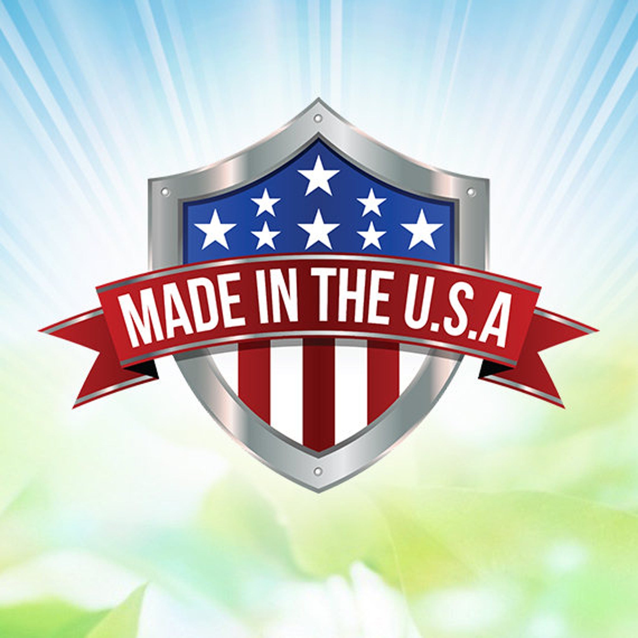Made in the U.S.A. badge with red ribbon, blue and white stars, and silver border design