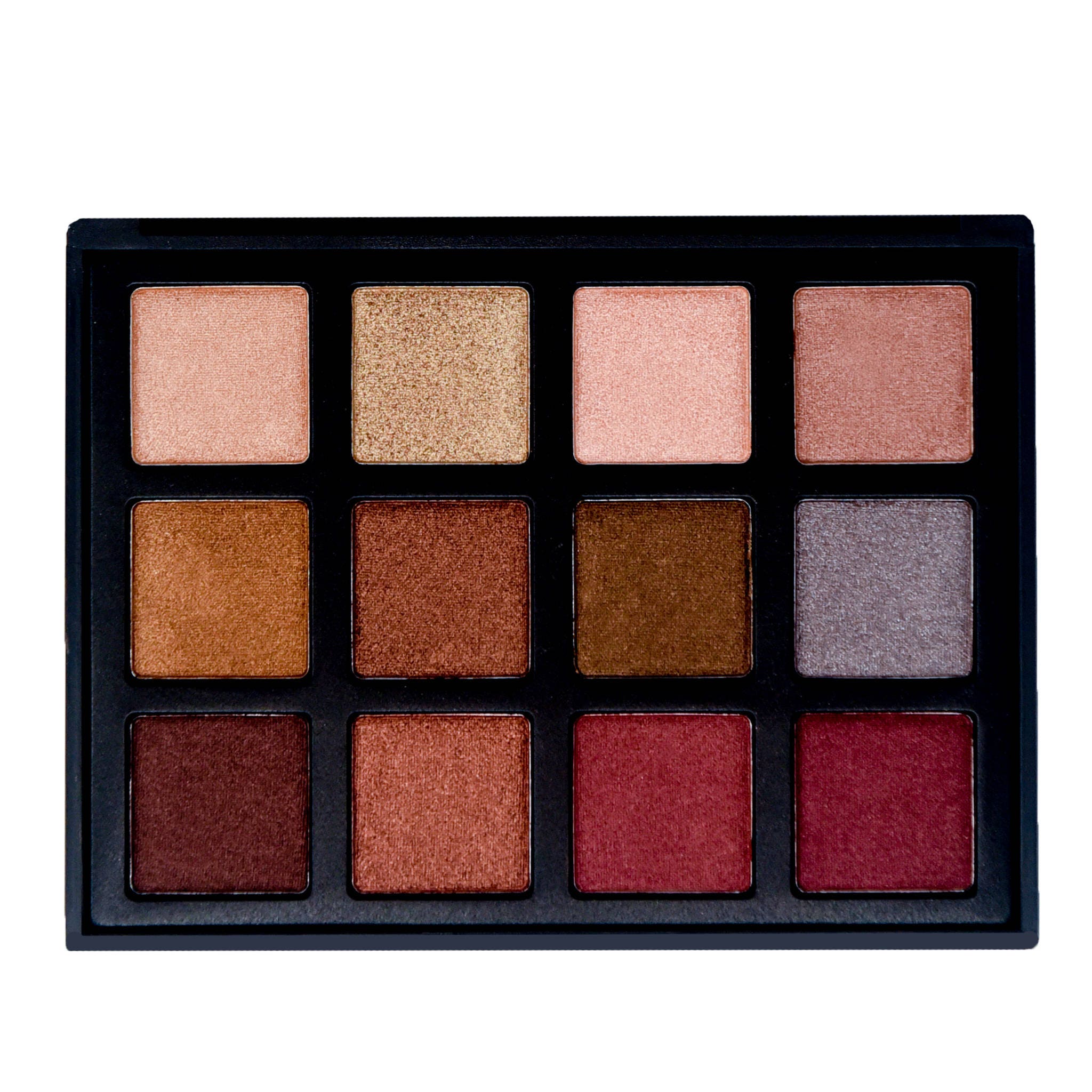 Eyeshadow palette with 12 square pans of various colors in a black case